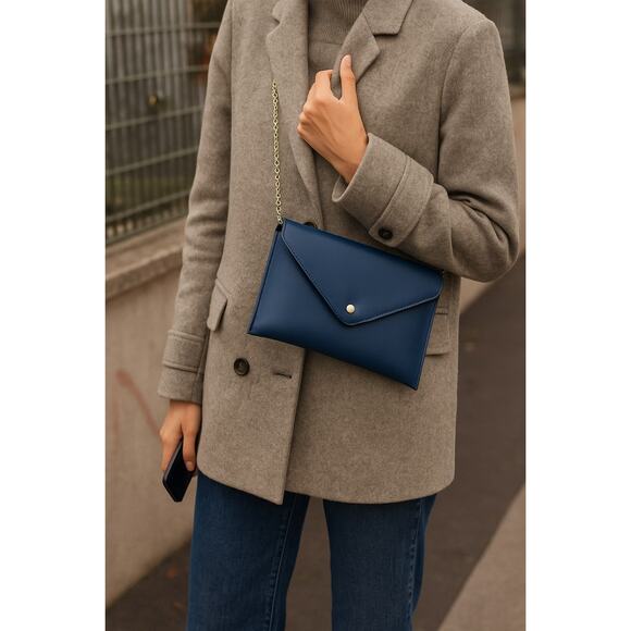 J.Crew Navy Faux Leather Envelope Clutch w/ Chain – Heritage Holiday Gift NWT - Picture 1 of 13